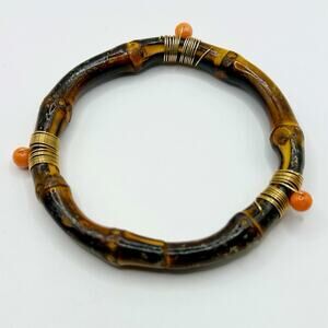 Vintage Bamboo Bracelet Gold Wire Wrapped Coral Bead Retro Brown Orange Bangle